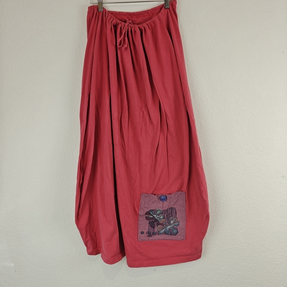 Blue Fish VTG Size 1 Drawstring Maxi Skirt Red Hand Printed Cotton Langenlook
